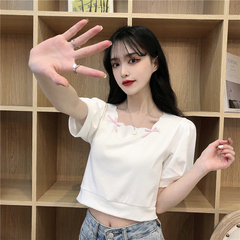 實拍年夏裝高腰短款小眾設計感短袖恤女棉氨綸