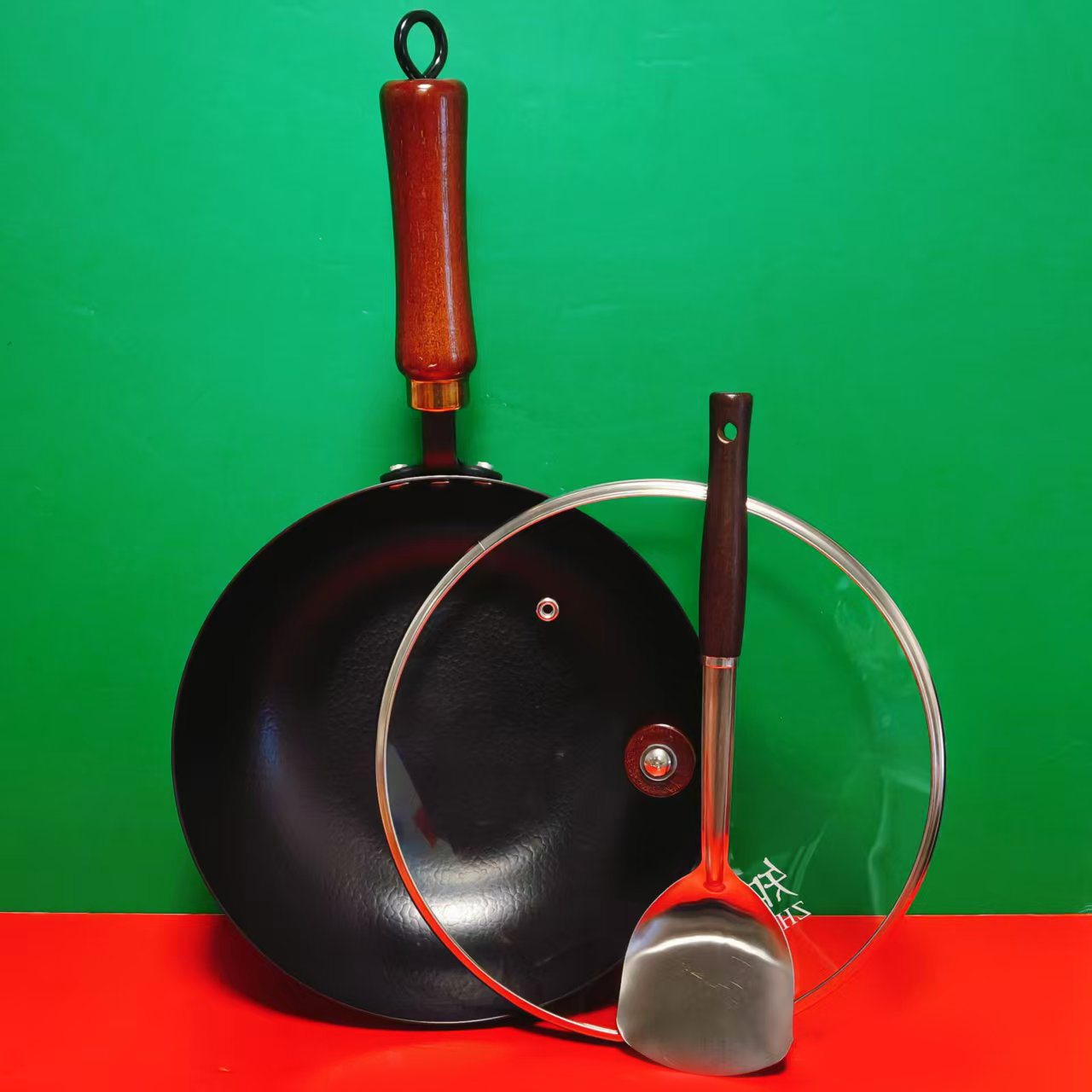 铁锅炒菜煎锅家用炒菜锅24cm带锅盖炒菜勺套装 煤气灶电磁炉适用