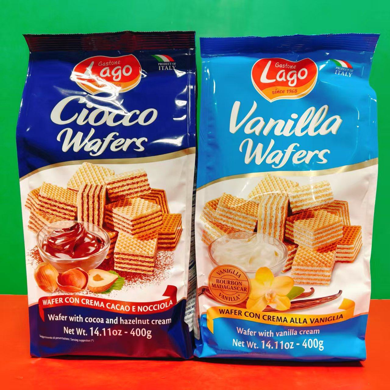 临期特价意大利进口爱利地榛仁可可酱香草味威化饼干400g袋装零食