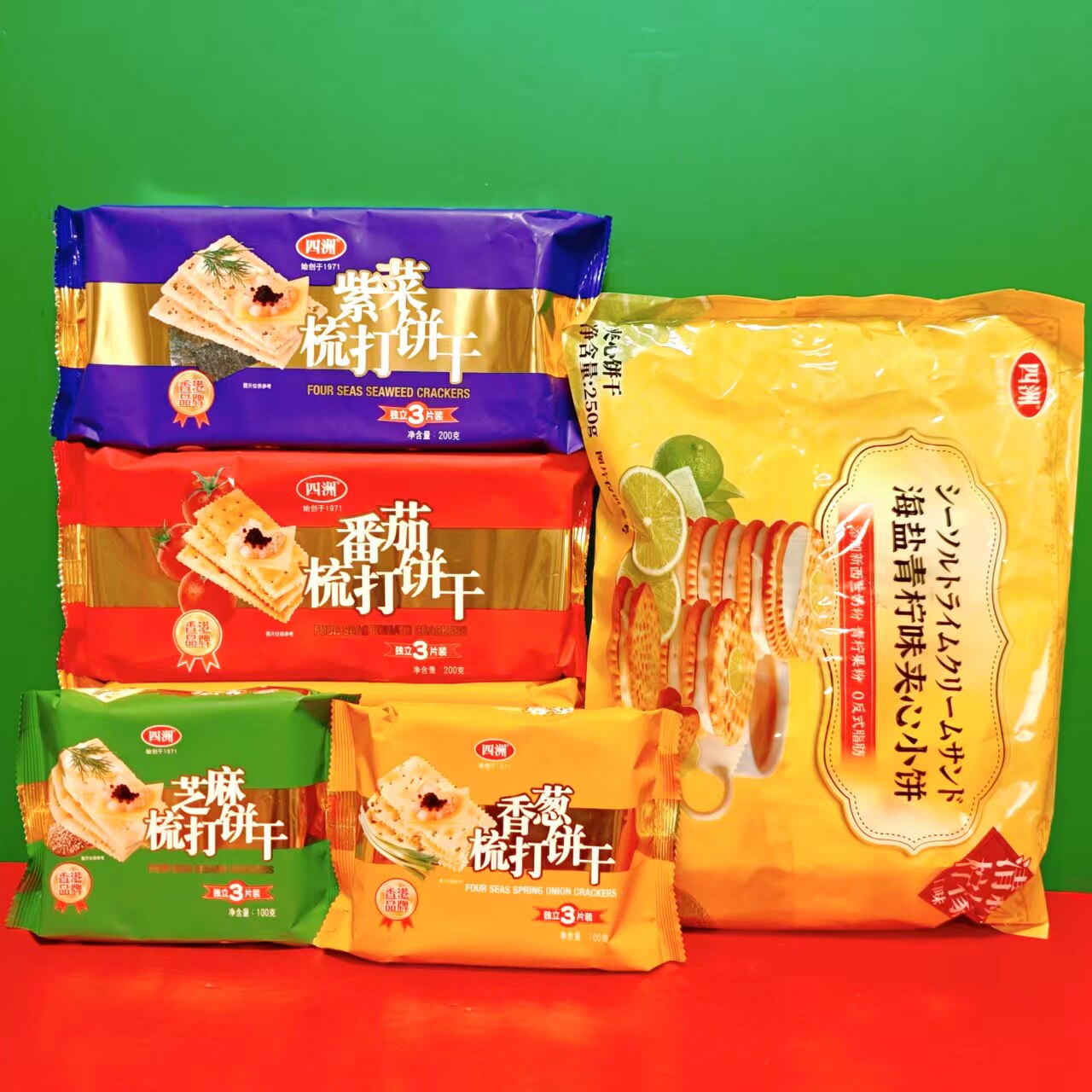 临期特价四洲紫菜香葱番茄味梳打饼干海盐青柠味夹心饼干袋装零食