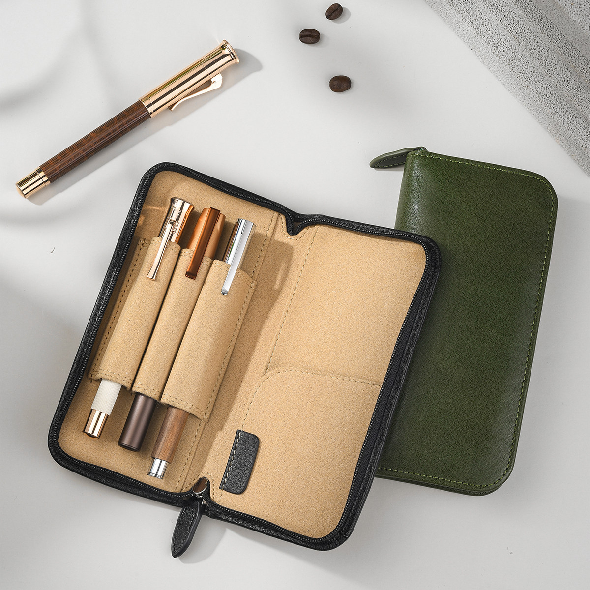 花田笔店 钢笔袋头层牛皮真皮笔袋笔盒三支装拉链钢笔陈列做工棒