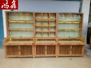 榆木珠宝首饰展示柜瓷器玉石印章玻璃货架带锁灯光精品柜定制展柜