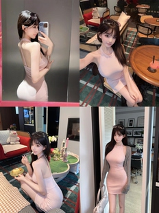 Eva君君酱韩系纯欲挂脖无袖包臀露背连衣裙女修身百搭气质短裙子