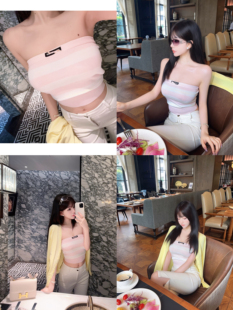 Eva君君酱miu系字母贴纯欲条纹针织抹胸背心女百搭显瘦甜美短上衣