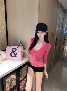 Eva君君酱纯欲韩系辣妹中袖针织外套女修身气质v领百搭显瘦短上衣