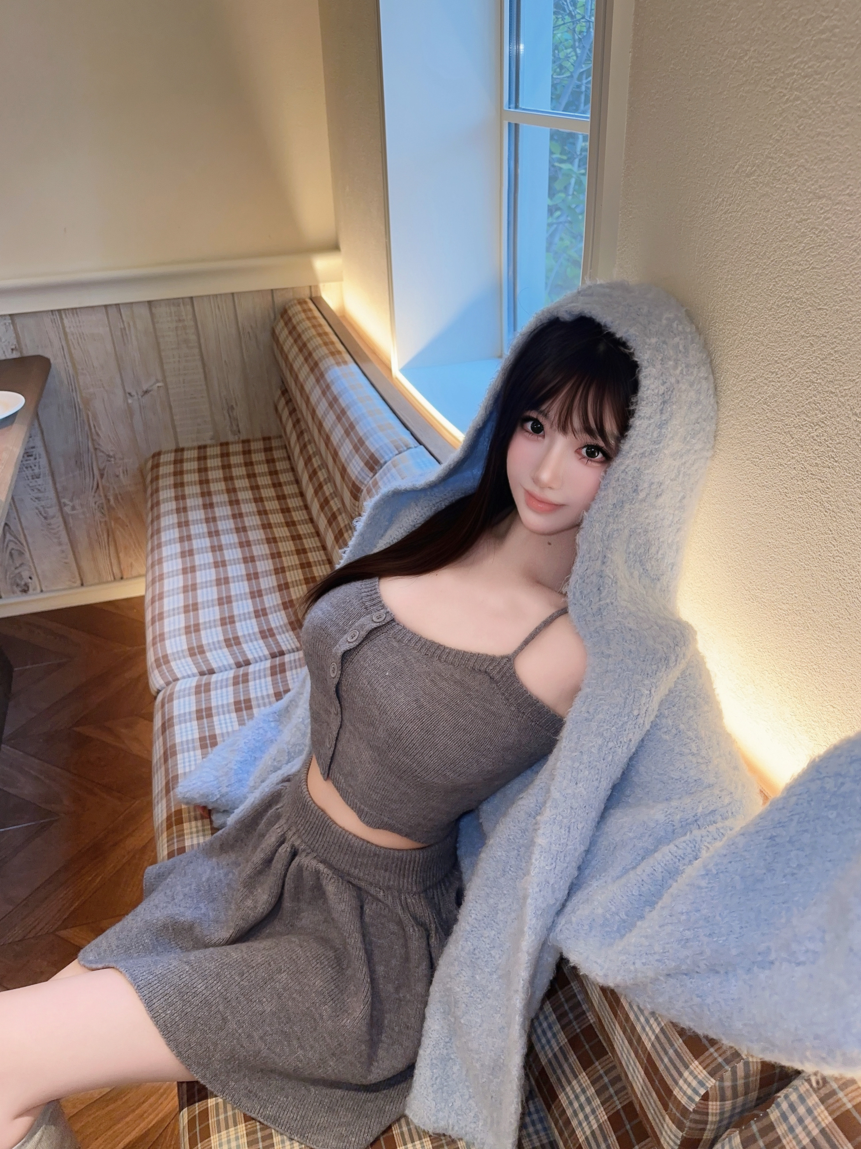 Eva君君酱纯欲甜美慵懒连帽长袖宽松针织开衫外套女纯色百搭上衣