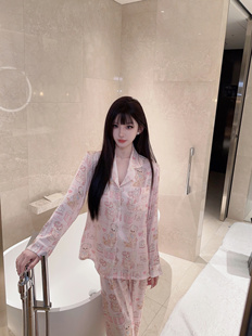 女长袖 Eva君君酱纯欲甜美奶油小熊印花冰丝绸缎睡衣套装 家居服