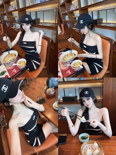 Eva君君酱miu系字母撞色抹胸针织包臀连衣裙女性感显瘦弹力短裙韩