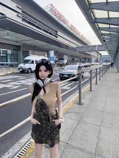 Eva君君酱复古美式辣妹豹纹迷彩牛仔背带裙磨破减龄宽松显瘦短裙