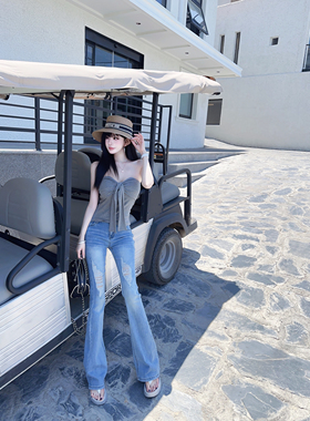 Eva君君酱复古水洗破洞做旧牛仔裤女低腰显瘦弹力微喇拖地长裤子