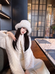 Eva君君酱秋冬名媛风立领中长款 环保皮草外套女气质仿水貂毛大衣