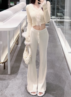 Eva君君酱秋冬高腰坑条针织垂感阔腿拖地裤女宽松显瘦休闲长裤子