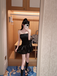 Eva君君酱miu系刺绣字母贴甜美抹胸收腰显瘦蓬蓬连衣裙女百搭短裙