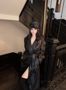 Eva君君酱美式复古中长款高级感pu皮衣外套女过膝百搭显瘦大衣韩
