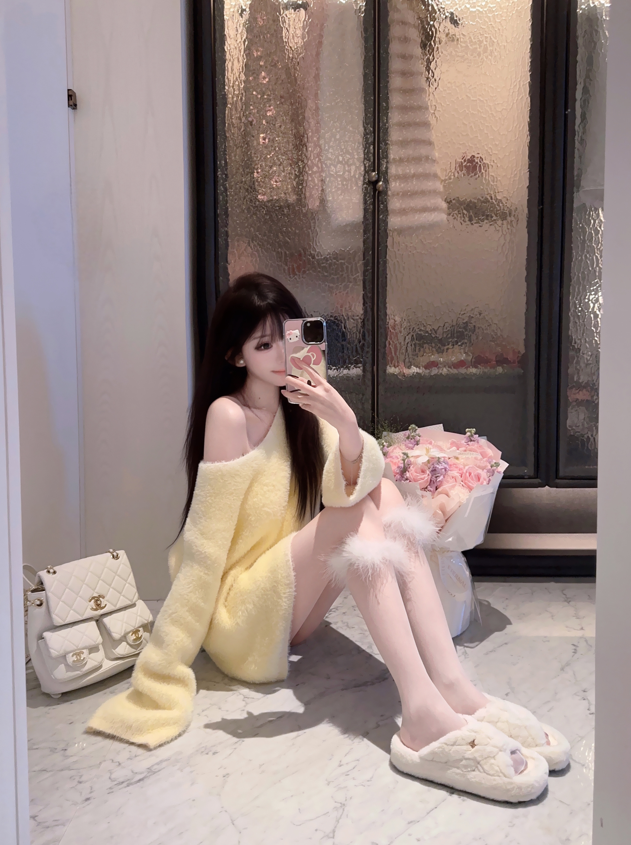 Eva君君酱纯欲甜美仿水貂绒v领软糯针织毛衣女宽松显瘦慵懒风上衣