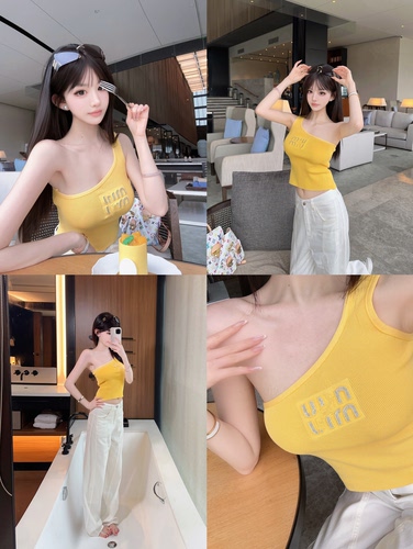 Eva君君酱miu系字母烫钻气质斜肩挂脖针织吊带女修身显瘦百搭上衣