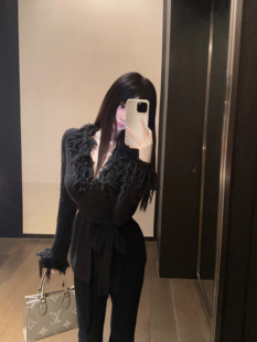Eva君君酱秋冬黑色V领流苏毛边长袖针织开衫女绑带修身显瘦上衣韩