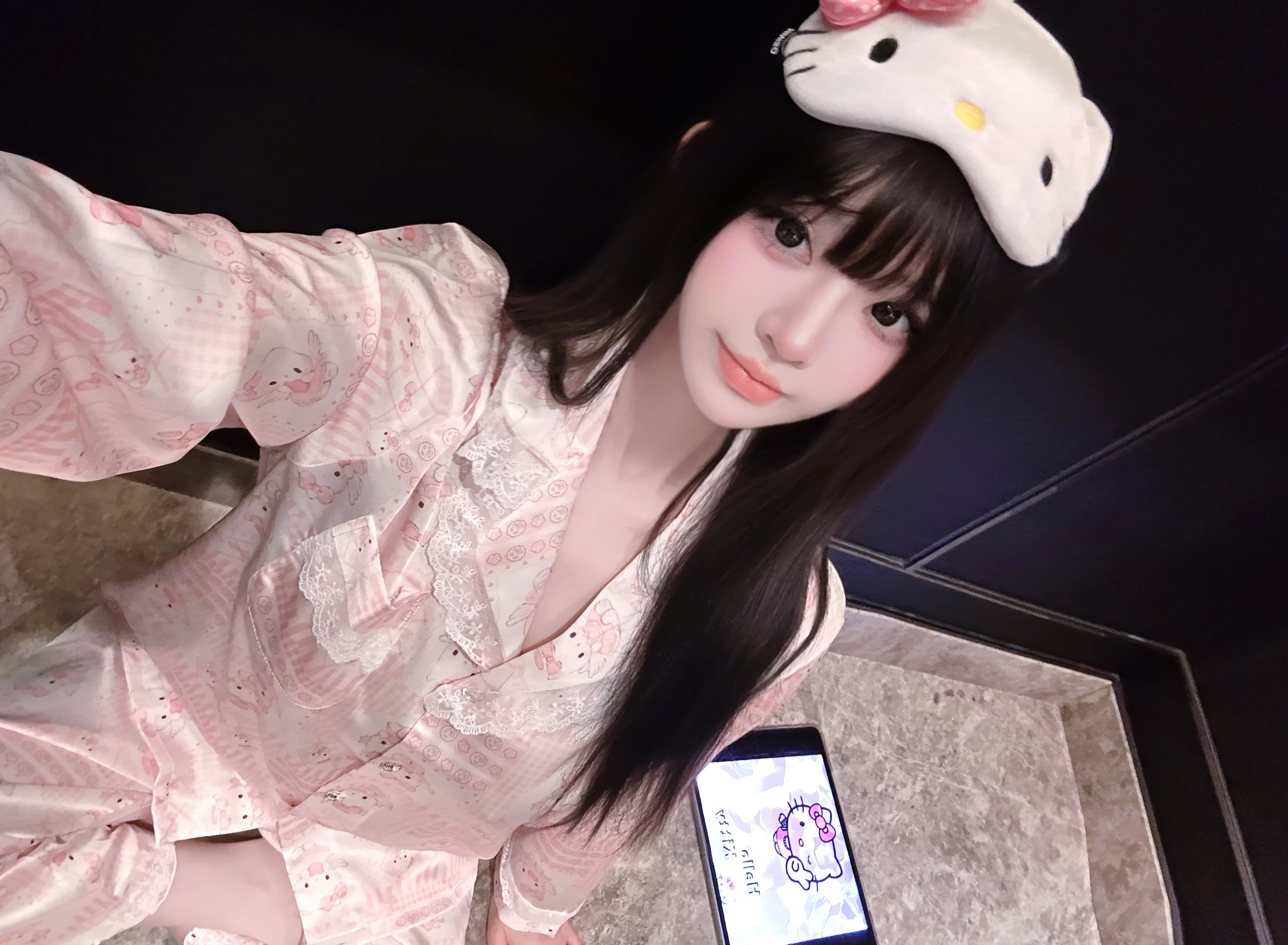 Eva君君酱可爱HelloKitty印花蕾丝花边长袖长裤睡衣套装女家居服