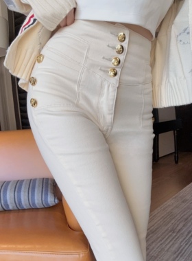 Eva君君酱抓绒高腰金扣白色小脚牛仔裤女弹力紧身显瘦百搭长裤子