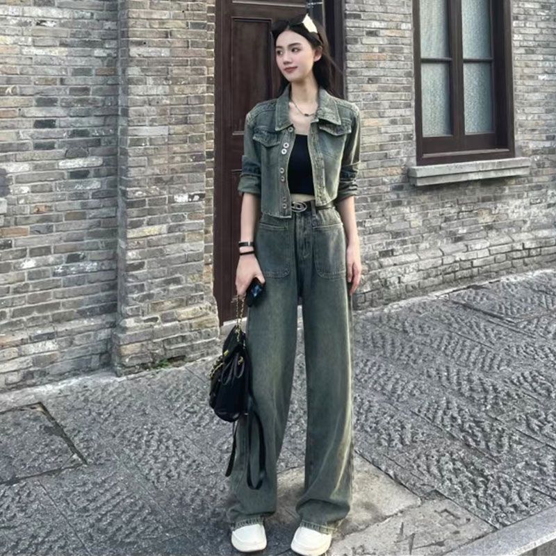 复古时尚套装女牛仔外套小众上衣加高腰阔腿长裤两件套2023早秋新