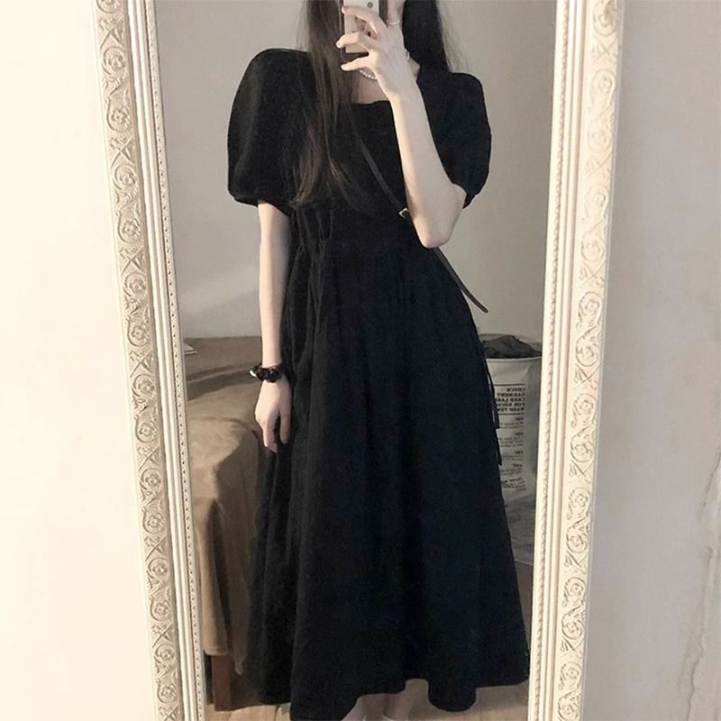 黑色法式赫本风方领连衣裙子女夏季2023高级感小个子收腰显瘦长裙