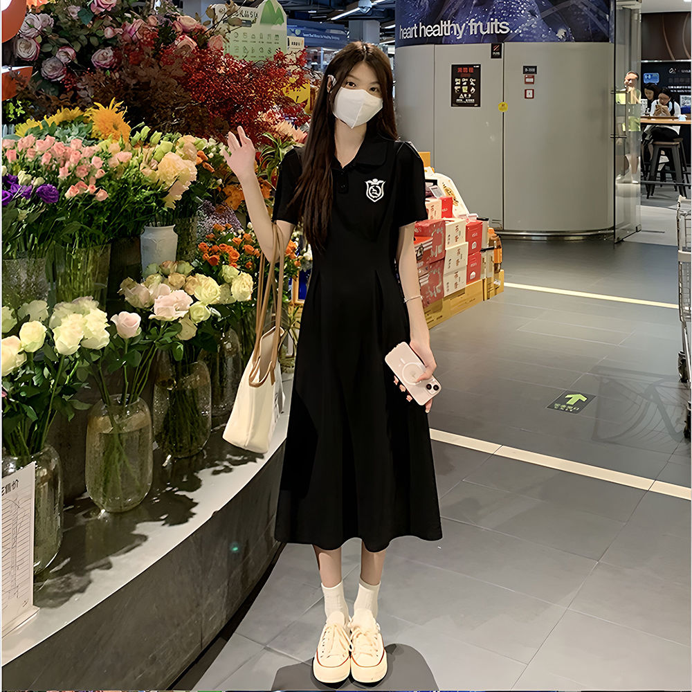 夏季收腰连衣裙女新款森系娃娃领显瘦遮肉荷叶边中长款过膝长裙女