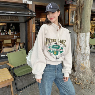 美式 百搭宽松休闲慵懒风上衣 复古字母印花立领秋冬卫衣女2025新款