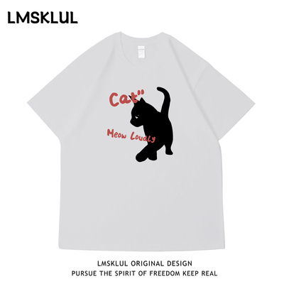 LMSKLUL潮牌卡通趣味撞色小猫印花短袖夏季宽松百搭休闲情侣T