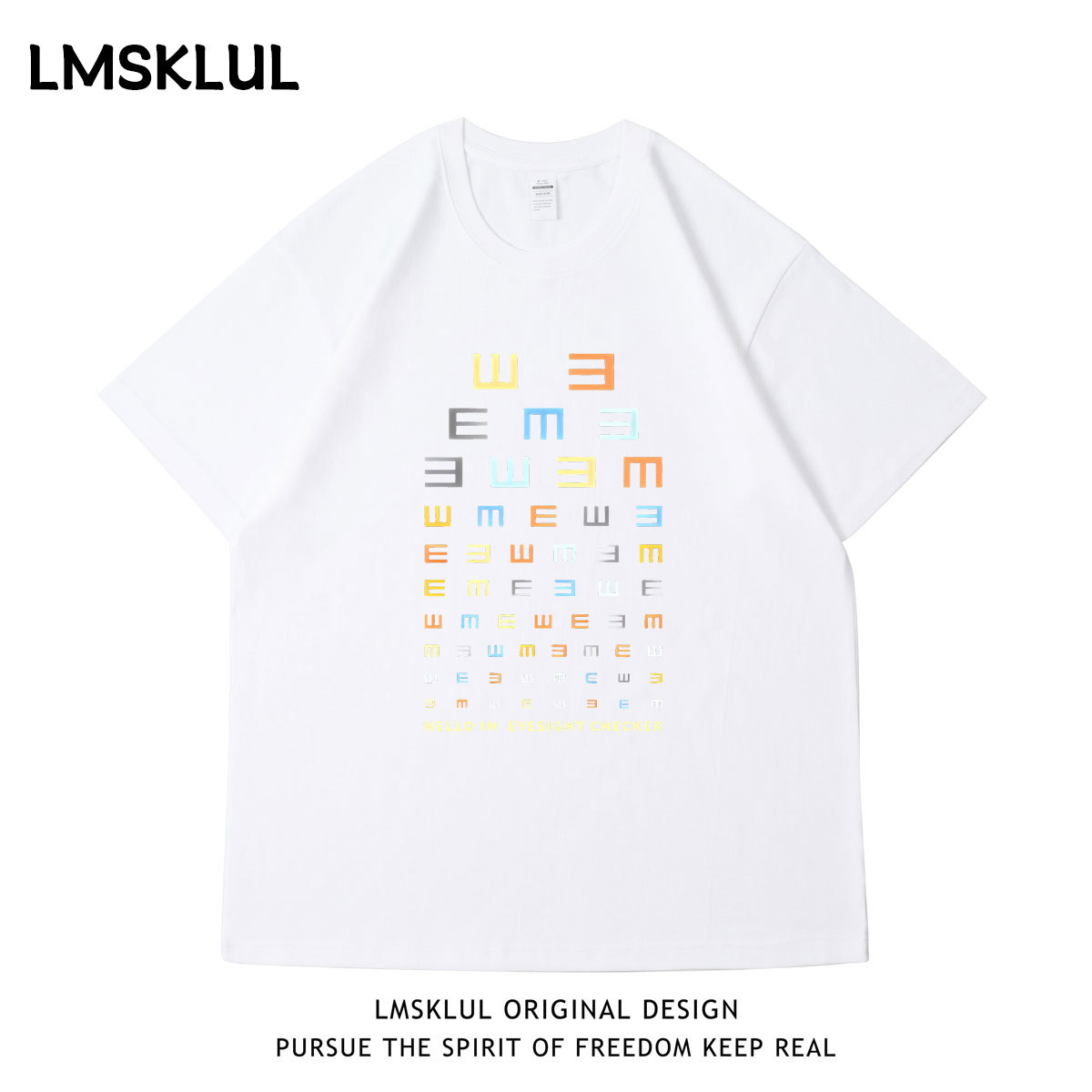 LMSKLUL潮牌美式趣味视力表印花短袖宽松休闲百搭情侣同款T恤