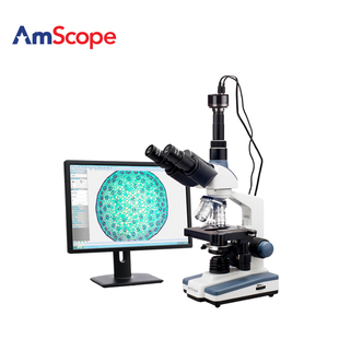 40X AmScope 2500X LED实验室三目复合显微镜双层机械平台 相机