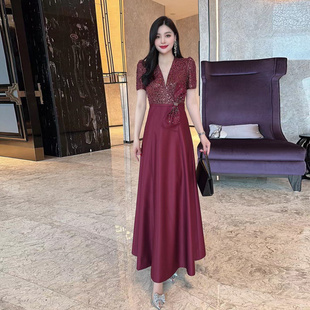 法式 连衣裙 优雅v领订珠亮片丝缎收腰大摆蝴蝶结礼服婚宴酒红短袖
