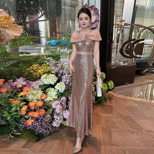 高雅轻熟名媛气质妈妈婚宴礼服酒红色喜婆婆装夏季高端亮片鱼尾裙