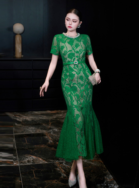 时尚晚宴风重工钉珠蕾丝连衣裙女修身显瘦收腰鱼尾礼服裙绿色裙