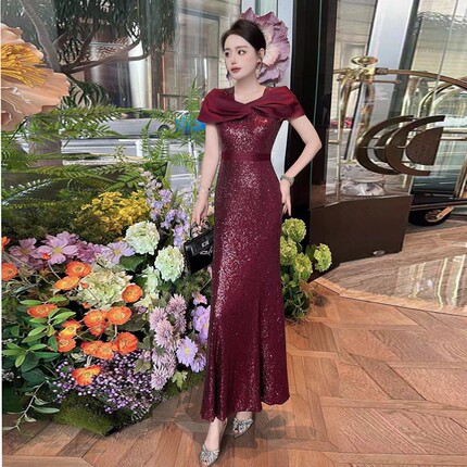 高雅轻熟名媛气质妈妈婚宴礼服酒红色喜婆婆装高端女装亮片鱼尾裙