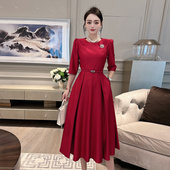 气质红色连衣裙春秋新款 收腰喜宴大摆礼服裙 赫本风复古简约七分袖
