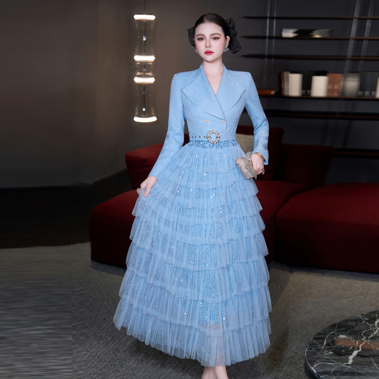 轻奢蓝色西装领长袖网纱蛋糕裙女亮片收腰礼服连衣裙假两件大摆裙