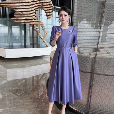 简约淑女连衣裙系带压褶大摆裙