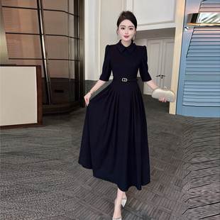 轻奢优雅风翻领中袖连衣裙女收腰显瘦气质长裙高级感轻礼服
