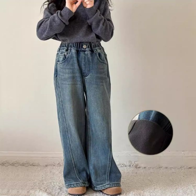 女童加绒裤子秋冬2025新款儿童一体绒阔腿裤冬装中大童直筒牛仔裤