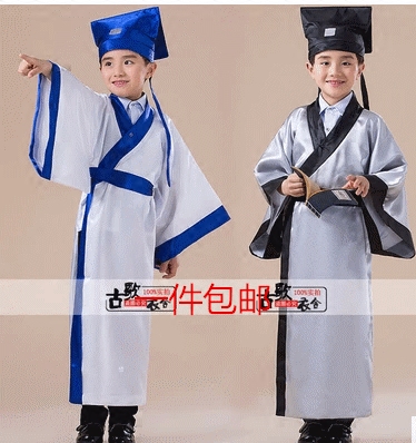 书书童服国学长袍儿童生古装小学生男表演出汉服端午节屈原长衫