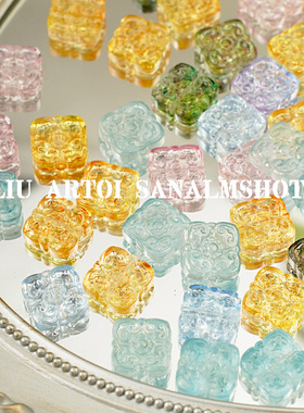 13*13mm双面绯纹琉璃花牌古风通孔串珠手链diy饰品配件项链吊坠