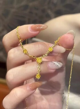 惜汝新款玫瑰新中式复古玫浪漫玫瑰花项链女金色花朵吊坠轻奢锁骨