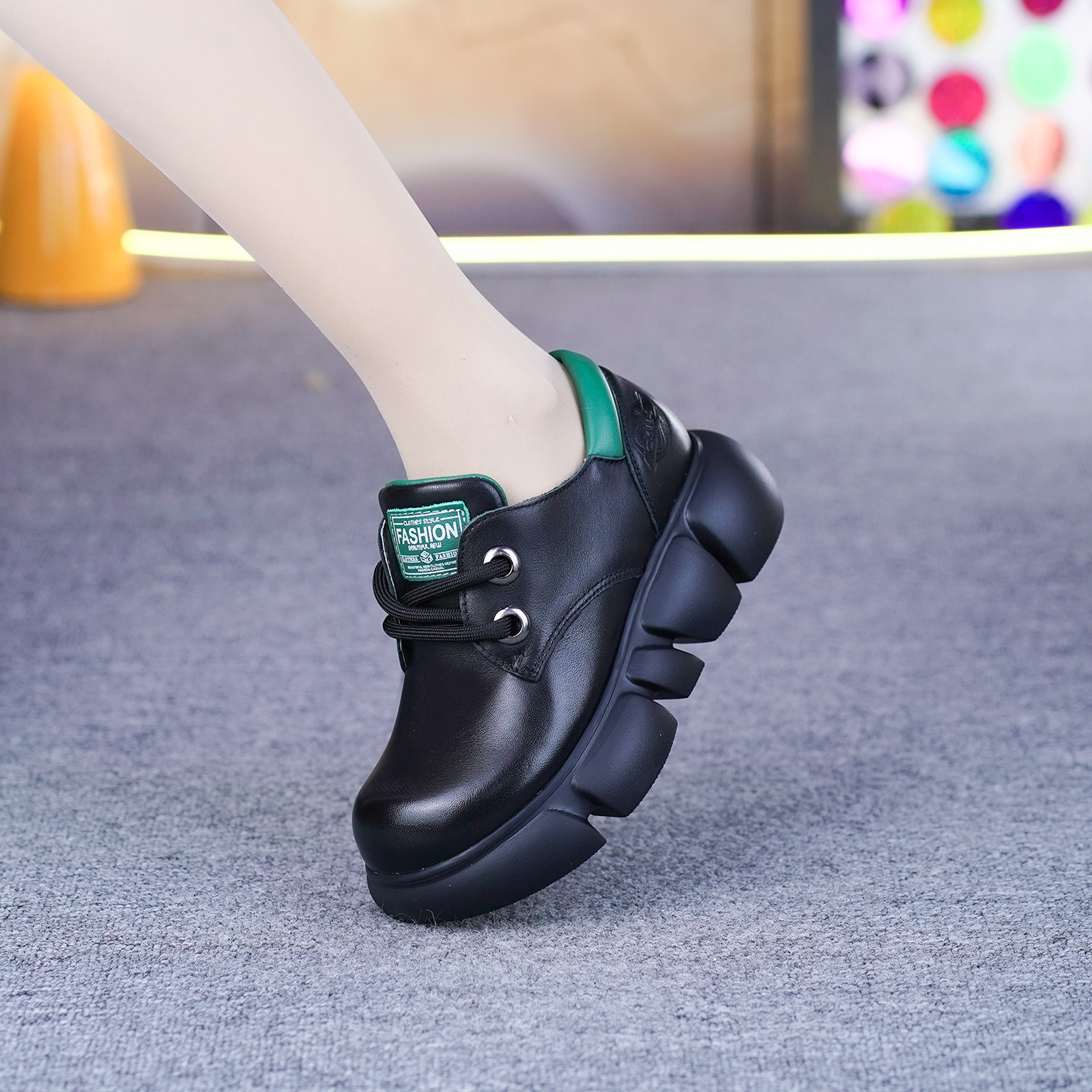 纯牛皮单鞋女春季新款圆头松糕厚底拼色平底真皮系带深口乐福单鞋,女鞋,深口单鞋,淘宝优惠券,粉丝福利购,淘宝优惠卷