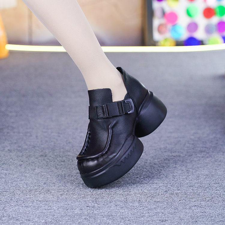 真皮深口单鞋女春秋新款头层牛皮厚底粗跟圆头复古增高小个子皮鞋,女鞋,深口单鞋,淘宝优惠券,粉丝福利购,淘宝优惠卷