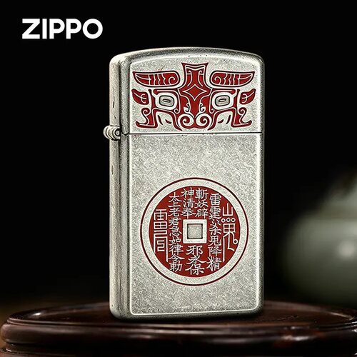 zippo正品打火机古银纤巧山鬼花钱填漆窄机之宝防风煤油送男朋友