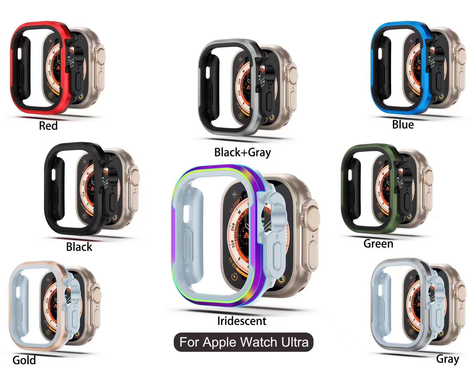 适用苹果apple watch8/7 41/45mm手表壳 iwatch8 ultra49mmTPU+铝合金表壳硅胶外壳45/40/42/44mm半包壳双色-封面