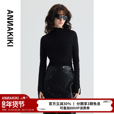 ANNAKIKI上衣 设计师款女装小众 黑色抽褶长袖内搭打底上衣女