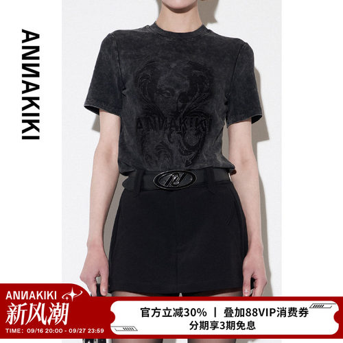 ANNAKIKI裙裤 小众设计师款女装 黑色醋酸四芒星分割中腰裙裤女