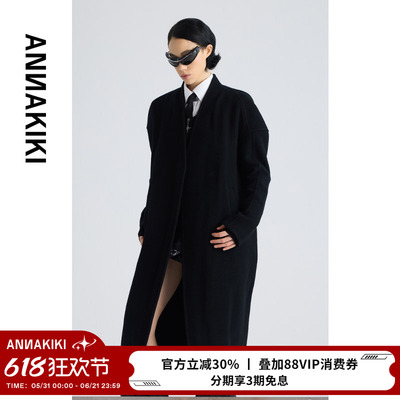 ANNAKIKI毛呢外套 设计师款女装小众 黑色长款澳毛分割茧型大衣女