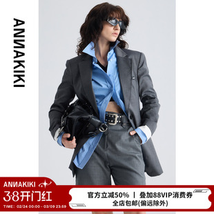 ANNAKIKI西装 设计师款女装小众 灰黑极简不规则羊毛混纺西装外套